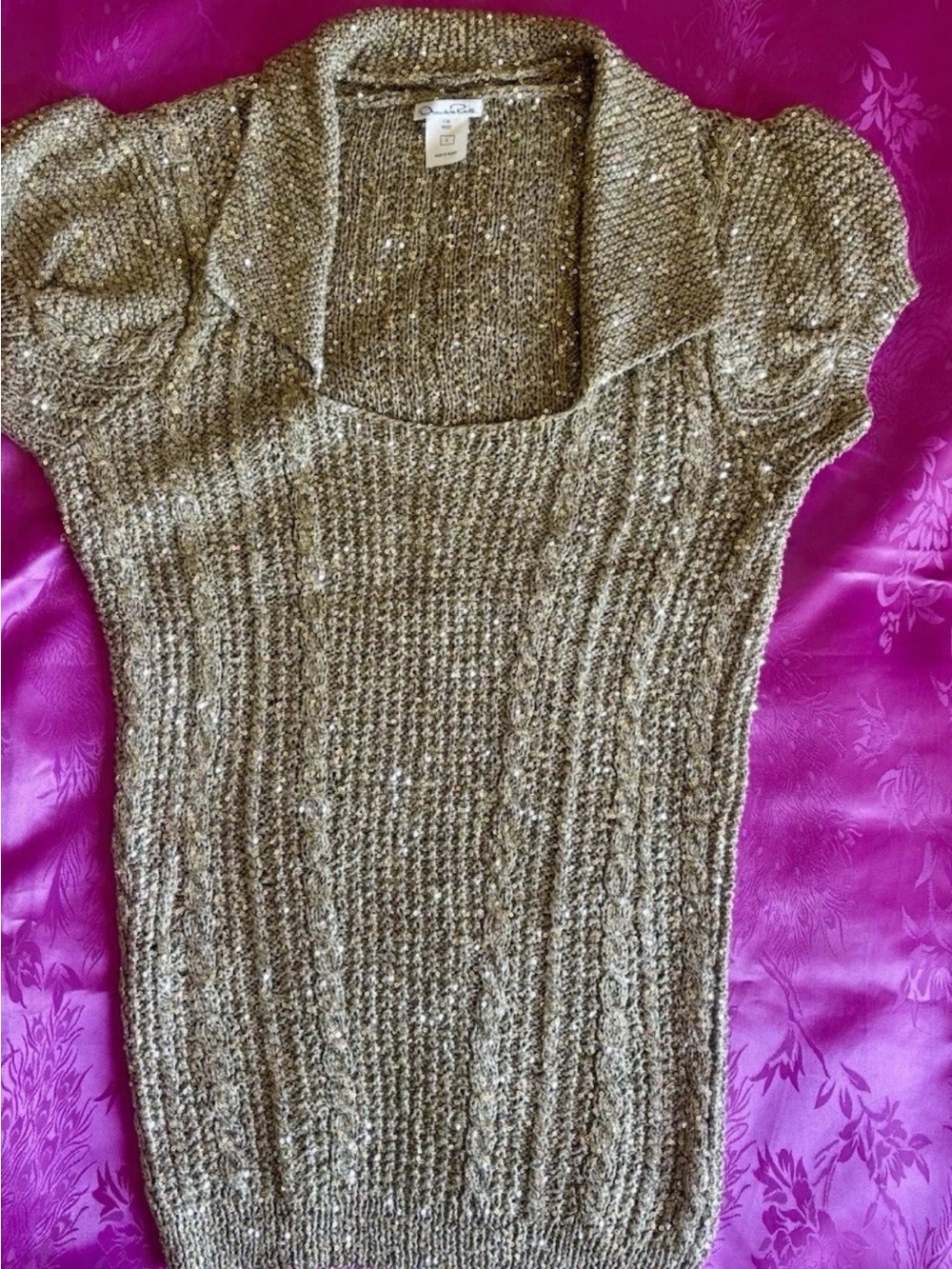 Oscar de la Renta Gold Metallic Knit Scoop-Neck Top